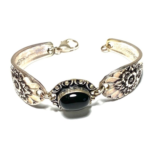 925 Spoon Bracelet Artisan Black Onyx Flower Design Sterling Silver - Picture 1 of 11